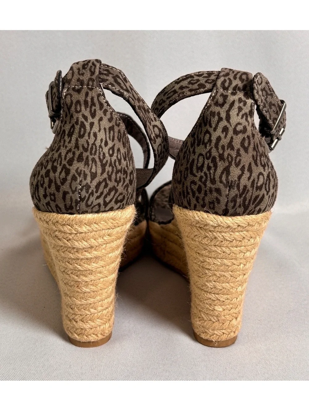 Very G Gray Leopard Print Wedge Sandals with Jute Wrapped Heel